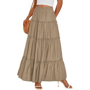 Women's Khaki Boho Long Flowy A Line Tiered Beach Vacation Clothes Maxi Skirt
